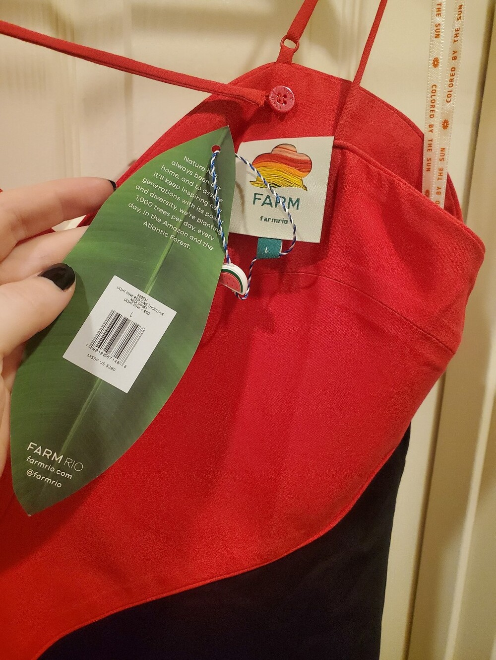 NWT FARM Rio Red Bicolor One-Shoulder Mini Dress size Large Red & Black Heart - Picture 6 of 7
